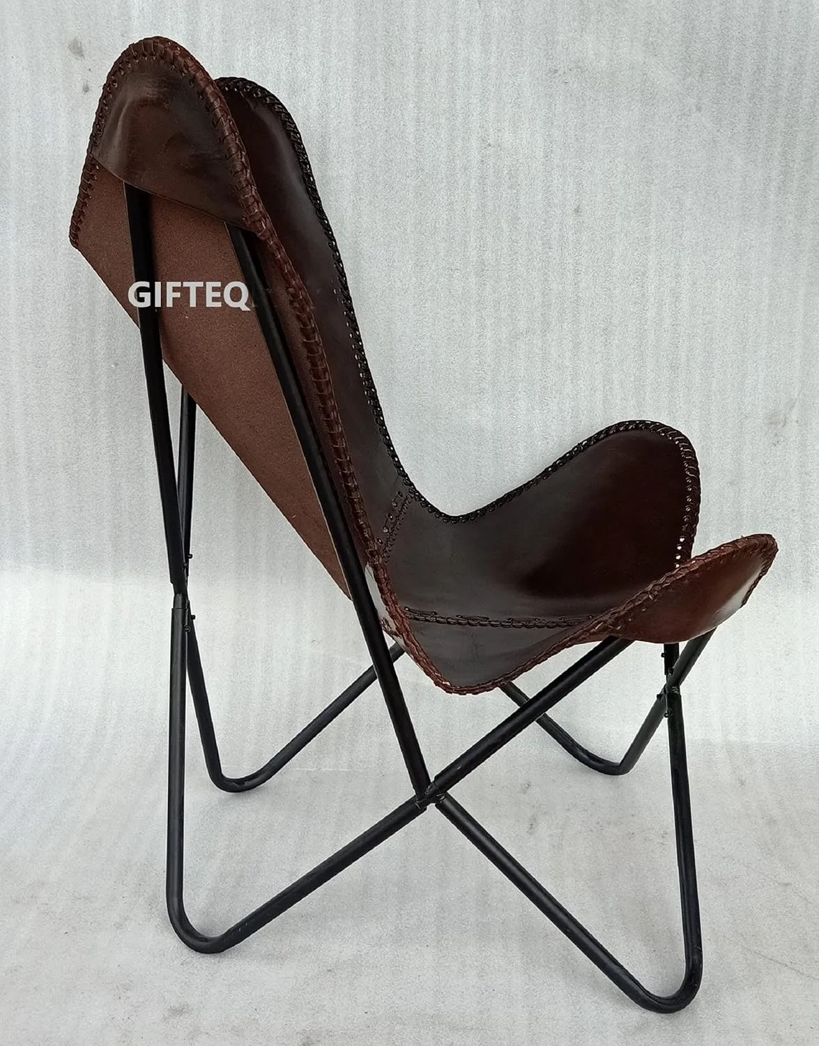 GifteQ Leather Butterfly Chair for Living Room for Adults Cow Print/Cowhide Western Accent Chair for Relaxing with Foldable Iron Frame Brown Boho Alite Chair for Home Decor(Dark Brown)
