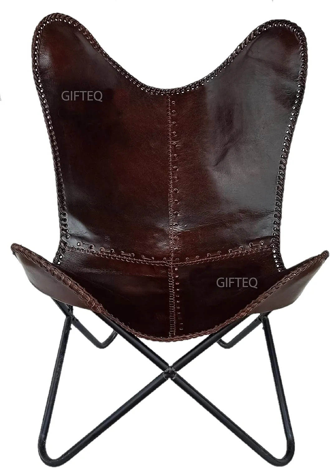 GifteQ Leather Butterfly Chair for Living Room for Adults Cow Print/Cowhide Western Accent Chair for Relaxing with Foldable Iron Frame Brown Boho Alite Chair for Home Decor(Dark Brown)