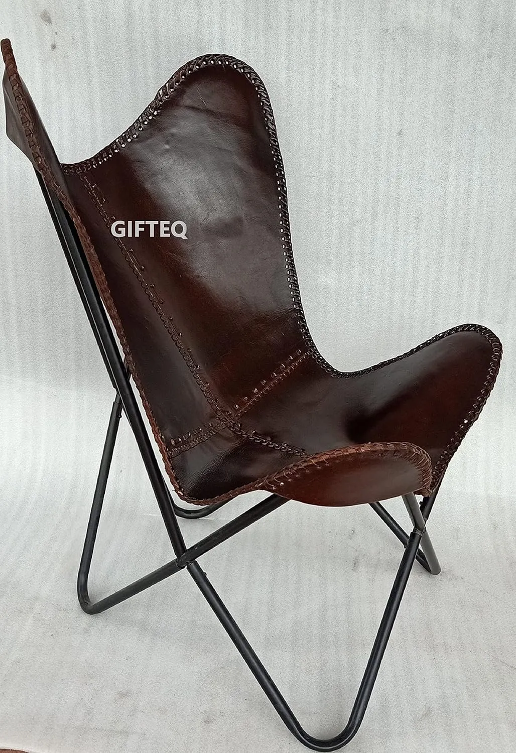 GifteQ Leather Butterfly Chair for Living Room for Adults Cow Print/Cowhide Western Accent Chair for Relaxing with Foldable Iron Frame Brown Boho Alite Chair for Home Decor(Dark Brown)