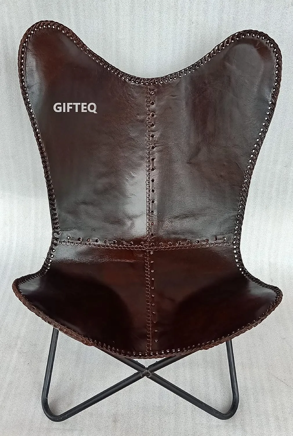 GifteQ Leather Butterfly Chair for Living Room for Adults Cow Print/Cowhide Western Accent Chair for Relaxing with Foldable Iron Frame Brown Boho Alite Chair for Home Decor(Dark Brown)