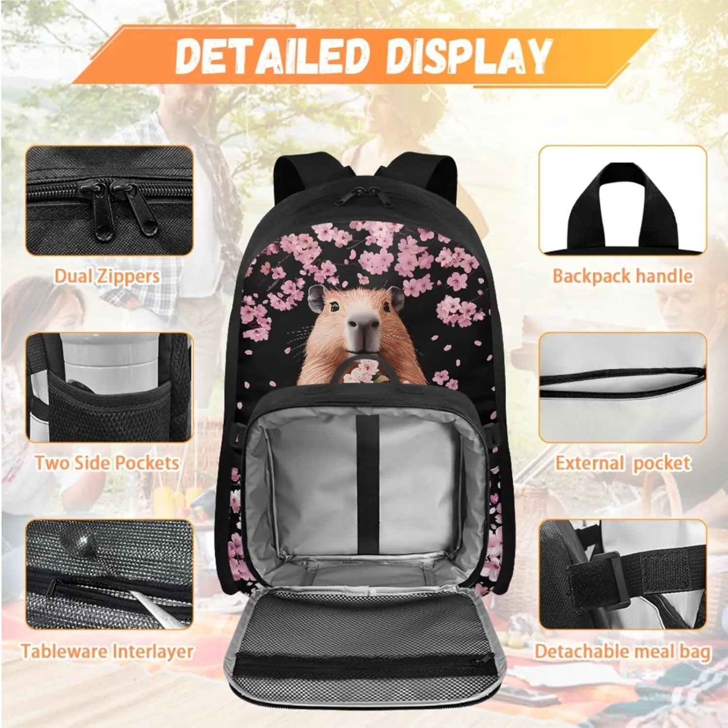 Girls Bookbag with Lunch Box Capybara 4th Grade Backpack for Girls Cherry Blossom Kids Backpack with Lunch Box Breathable Shoulder Strap Book Bags for Classroom