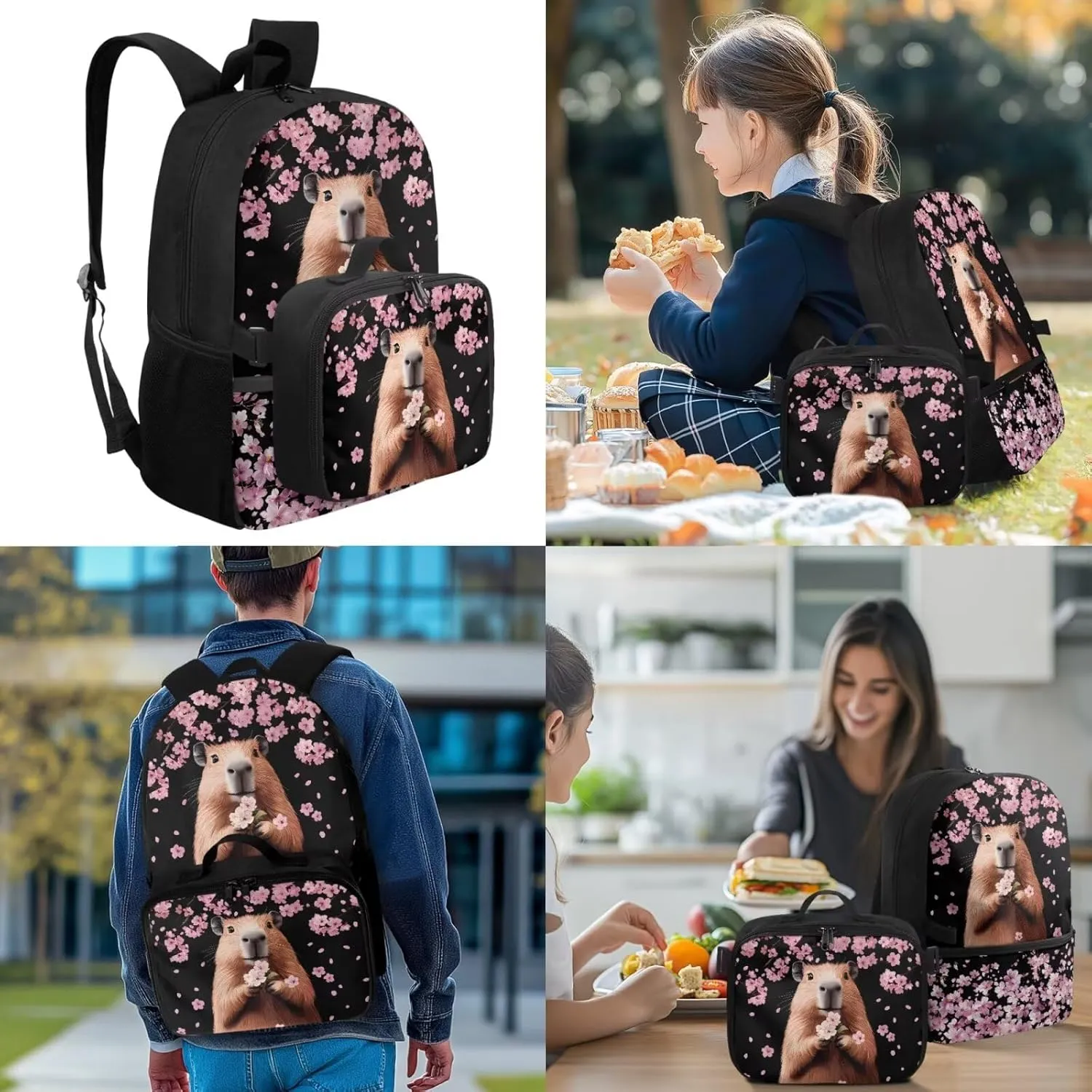 Girls Bookbag with Lunch Box Capybara 4th Grade Backpack for Girls Cherry Blossom Kids Backpack with Lunch Box Breathable Shoulder Strap Book Bags for Classroom