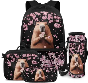 Girls Bookbag with Lunch Box Capybara 4th Grade Backpack for Girls Cherry Blossom Kids Backpack with Lunch Box Breathable Shoulder Strap Book Bags for Classroom