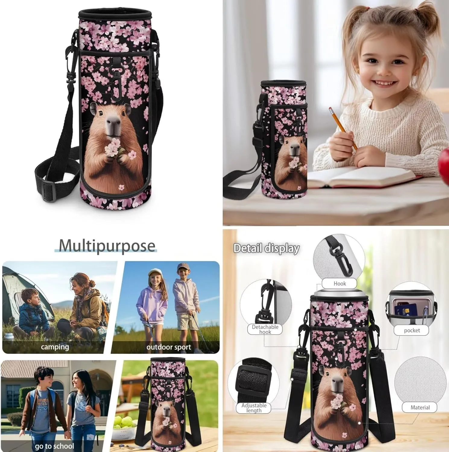 Girls Bookbag with Lunch Box Capybara 4th Grade Backpack for Girls Cherry Blossom Kids Backpack with Lunch Box Breathable Shoulder Strap Book Bags for Classroom