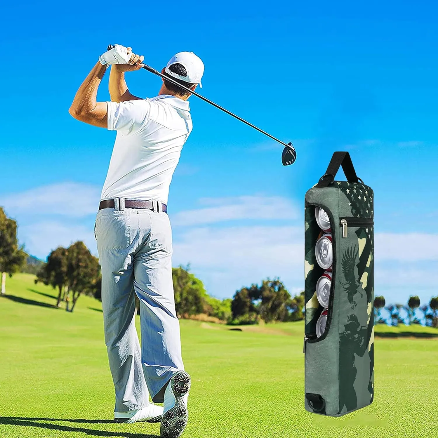 Golf Cooler Bag Plus Ice Pack Soft Sided Insulated Cooler Bag- Holds 6 Pack of Cans or 2 Wine Bottles - Grey Camo Golf Beer Sleeve Black Fits Discreetly in Golf Bags