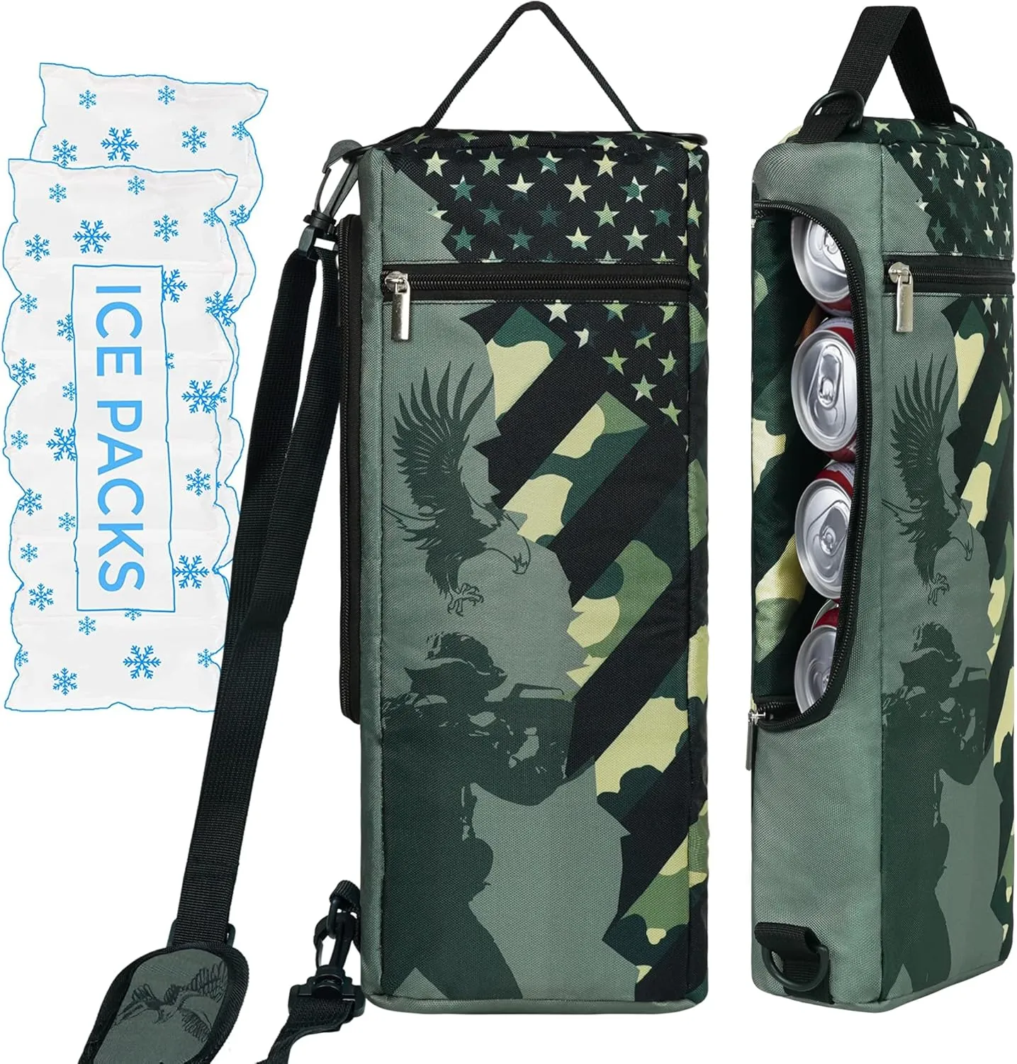 Golf Cooler Bag Plus Ice Pack Soft Sided Insulated Cooler Bag- Holds 6 Pack of Cans or 2 Wine Bottles - Grey Camo Golf Beer Sleeve Black Fits Discreetly in Golf Bags
