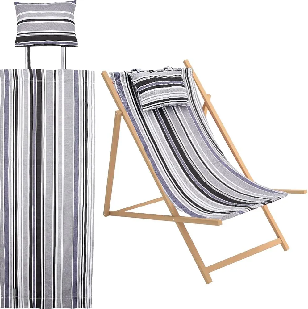 GORGECRAFT Beach Sling Chair Canvas Cloth with Pillow 44x17 Grey and Black Stripes Casual Lounge Chair Replacement Canvas Outdoor Folding Chair Fabric for Patio Beach Sunbathing Garden Courtyard