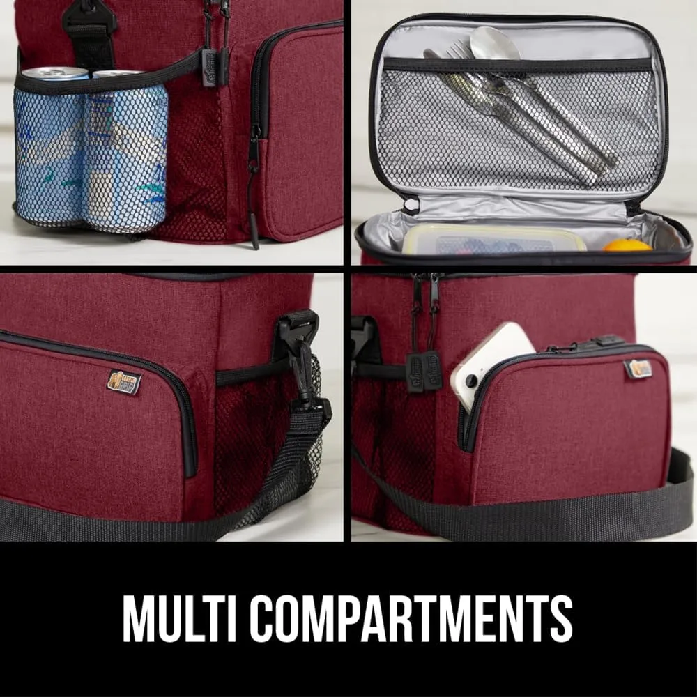 GORILLA GRIP Reusable Insulated Lunch Box Bag for Women Men, XL 15L, Leakproof Soft Cooler Bags, Multiple Compartments, Mesh Pockets and Adjustable Strap, Food Tote Keeps Drinks Cold, 13x9, Burgundy