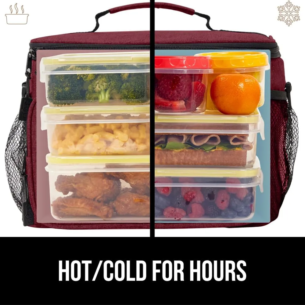 GORILLA GRIP Reusable Insulated Lunch Box Bag for Women Men, XL 15L, Leakproof Soft Cooler Bags, Multiple Compartments, Mesh Pockets and Adjustable Strap, Food Tote Keeps Drinks Cold, 13x9, Burgundy