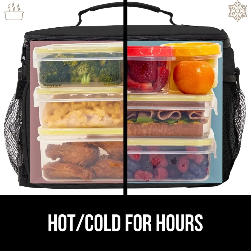 GORILLA GRIP Reusable Insulated Lunch Box Bag for Women Men,15L, Leakproof XL Soft Cooler Bags, Multiple Compartments, Mesh Pockets and Adjustable Strap, Food Tote Keeps Drinks Cold, 13x9, Black