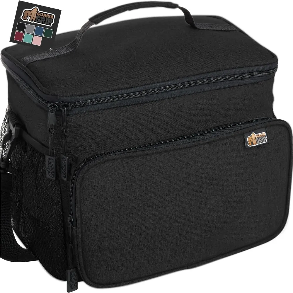 GORILLA GRIP Reusable Insulated Lunch Box Bag for Women Men,15L, Leakproof XL Soft Cooler Bags, Multiple Compartments, Mesh Pockets and Adjustable Strap, Food Tote Keeps Drinks Cold, 13x9, Black