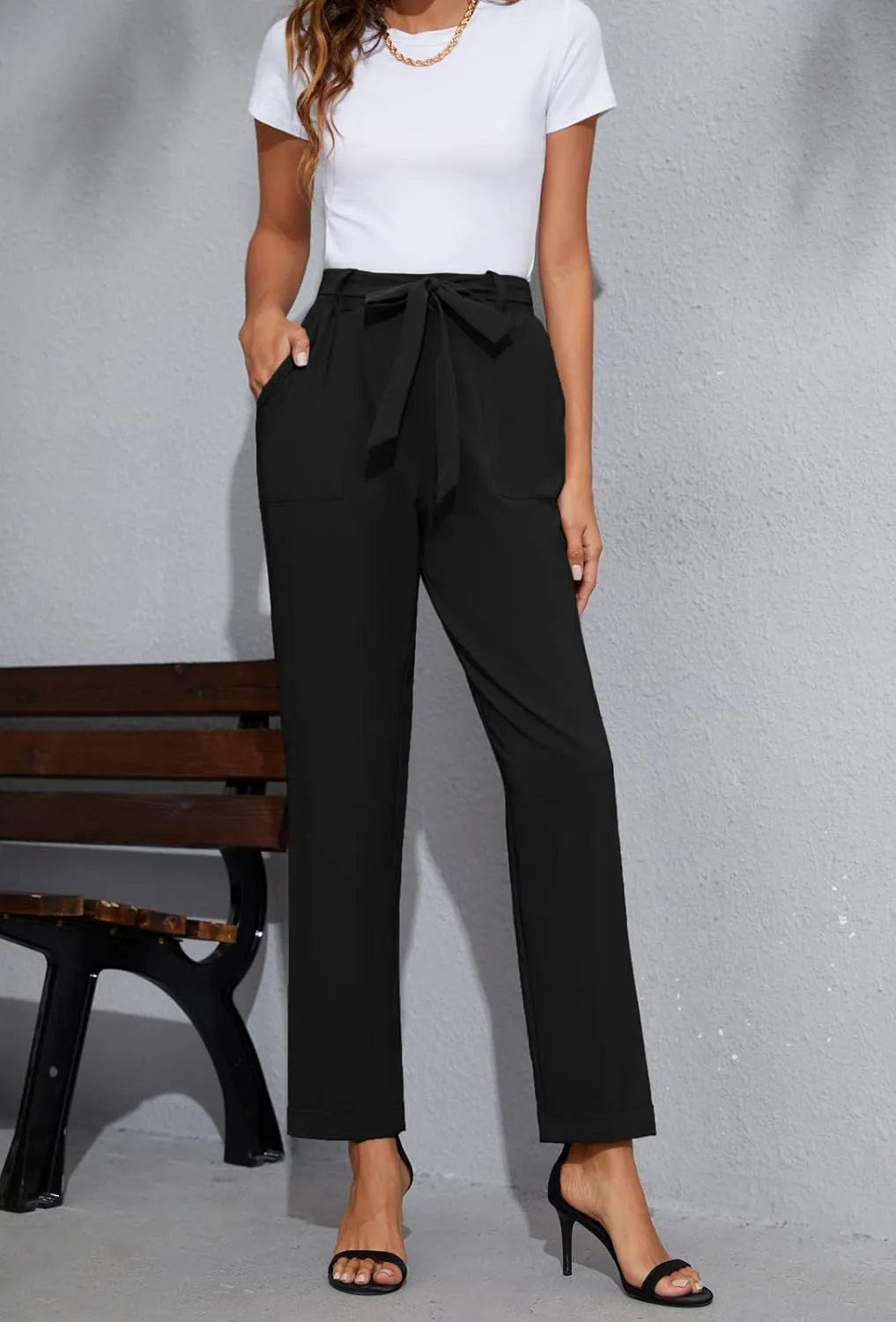 GRACE KARIN Women High Waist Pants with Belt Fold-up Leg Opening Pants with Big Pockets