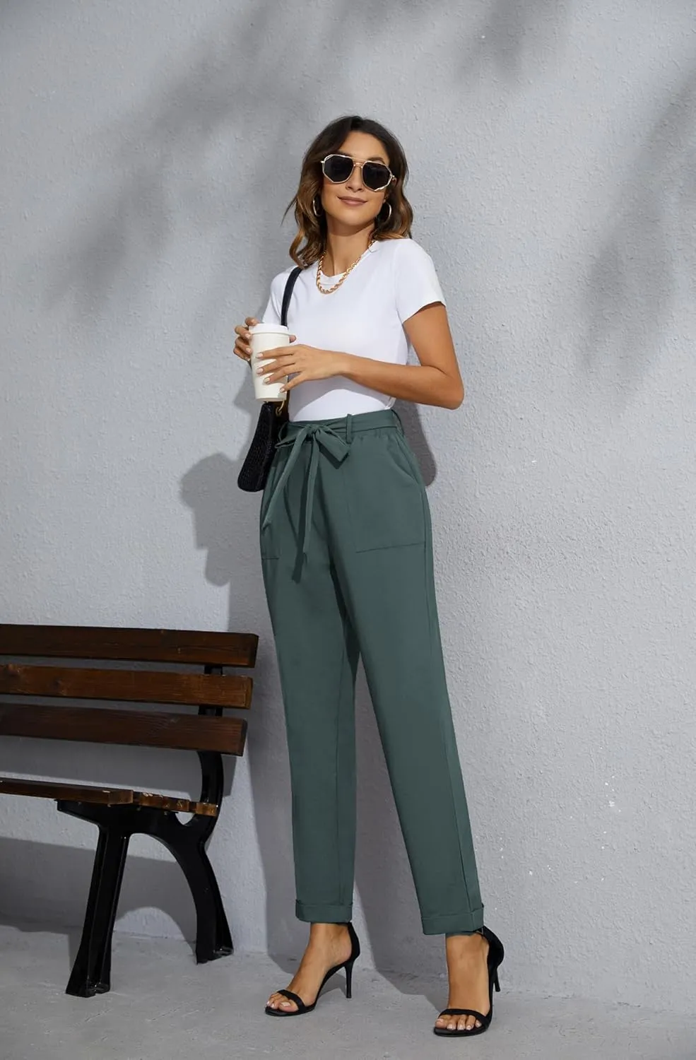 GRACE KARIN Women High Waist Pants with Belt Fold-up Leg Opening Pants with Big Pockets