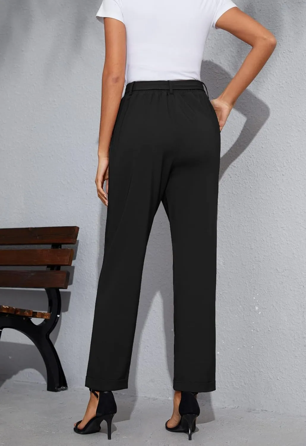 GRACE KARIN Women High Waist Pants with Belt Fold-up Leg Opening Pants with Big Pockets