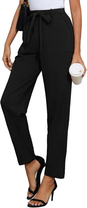 GRACE KARIN Women High Waist Pants with Belt Fold-up Leg Opening Pants with Big Pockets