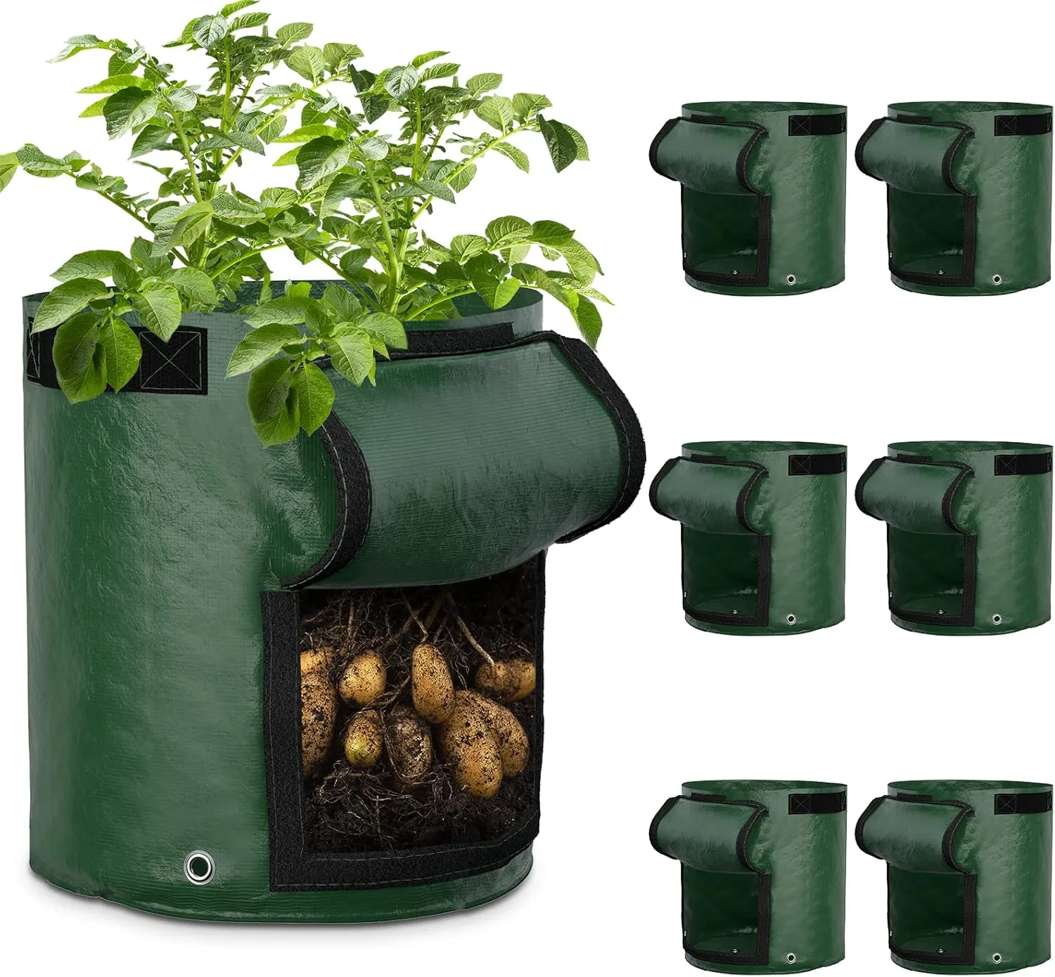 GreatBuddy 7 Gallon Potato Grow Bags 6-Pack, Thick PE Fabric Pots for Plants, Harvest Windows & Sturdy Handles, Labels Included, Green