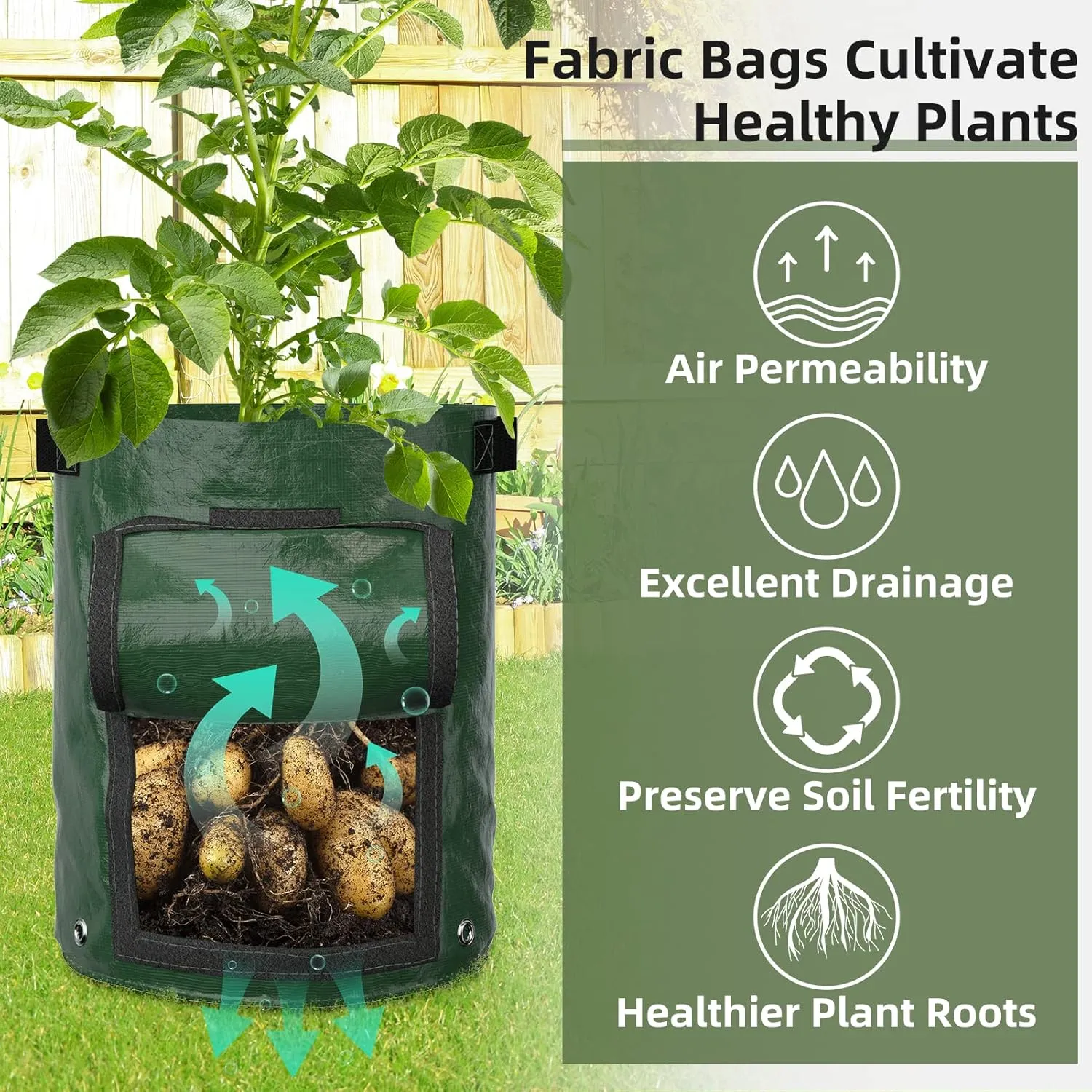 GreatBuddy 7 Gallon Potato Grow Bags 6-Pack, Thick PE Fabric Pots for Plants, Harvest Windows & Sturdy Handles, Labels Included, Green