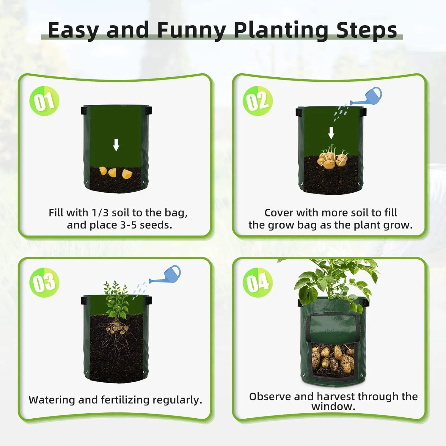 GreatBuddy 7 Gallon Potato Grow Bags 6-Pack, Thick PE Fabric Pots for Plants, Harvest Windows & Sturdy Handles, Labels Included, Green
