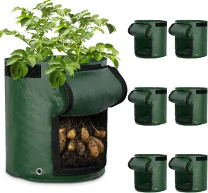 GreatBuddy 7 Gallon Potato Grow Bags 6-Pack, Thick PE Fabric Pots for Plants, Harvest Windows & Sturdy Handles, Labels Included, Green