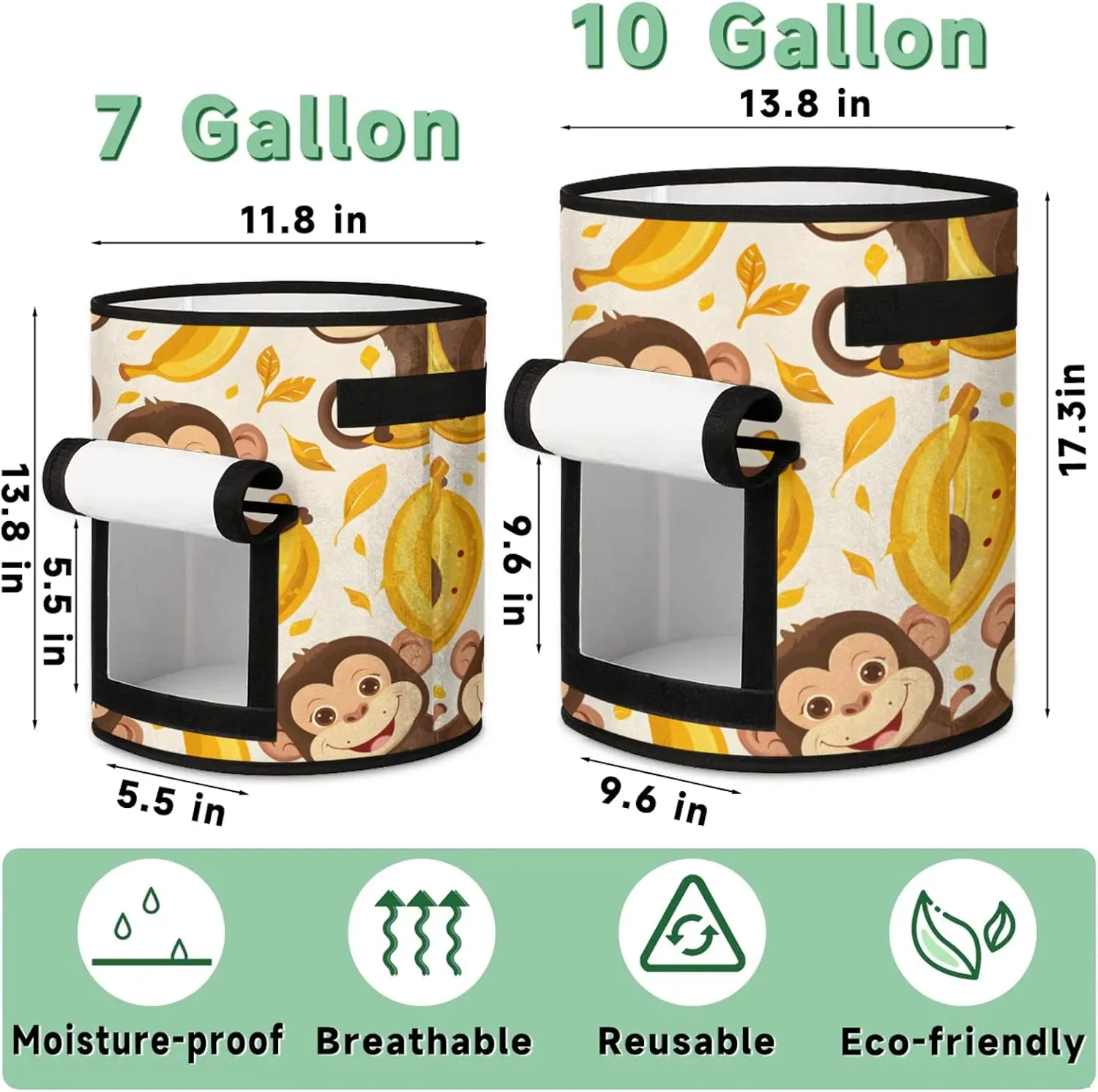 Greedy Monkey Grow Bags 7 Gallon Breathable Potato Growing Bag with Flap Harvest Window and Handles Garden Planting Bag for Tomato Vegetable Fruits 2 Pack