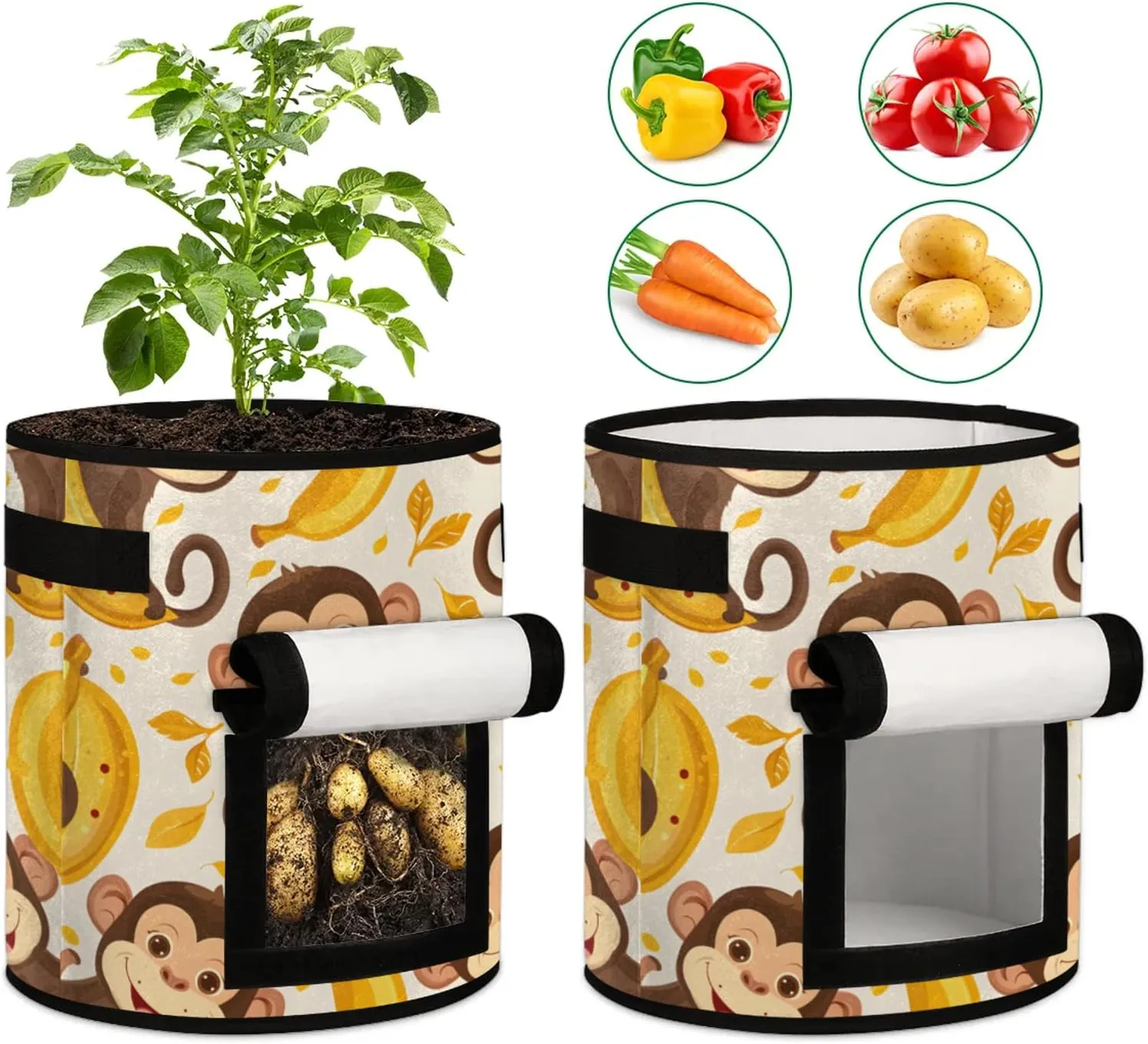 Greedy Monkey Grow Bags 7 Gallon Breathable Potato Growing Bag with Flap Harvest Window and Handles Garden Planting Bag for Tomato Vegetable Fruits 2 Pack