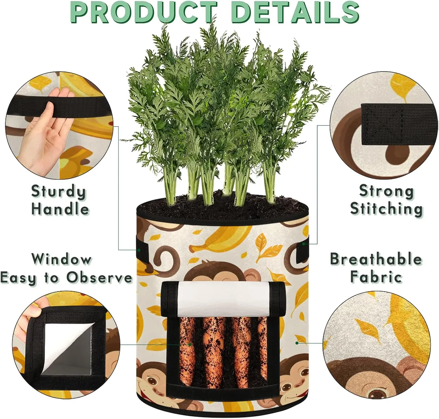 Greedy Monkey Grow Bags 7 Gallon Breathable Potato Growing Bag with Flap Harvest Window and Handles Garden Planting Bag for Tomato Vegetable Fruits 2 Pack