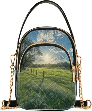 Green Grassy Field with Tree Women Trendy Quilted Crossbody Bag Sling Bags Handbags with Chain Strap Travel Cross Body Cell Phone Purses Bags