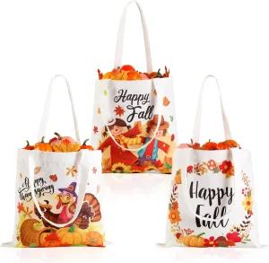 GreenPine 3 Pack Fall Canvas Tote Bags Turkey Pumpkins Tote Bag Thanksgiving scarecrow Reusable Cotton Handbag Grocery Bags for Shopping Market Travel Beach Autumn Harvest Party Favors, 13" x 13"