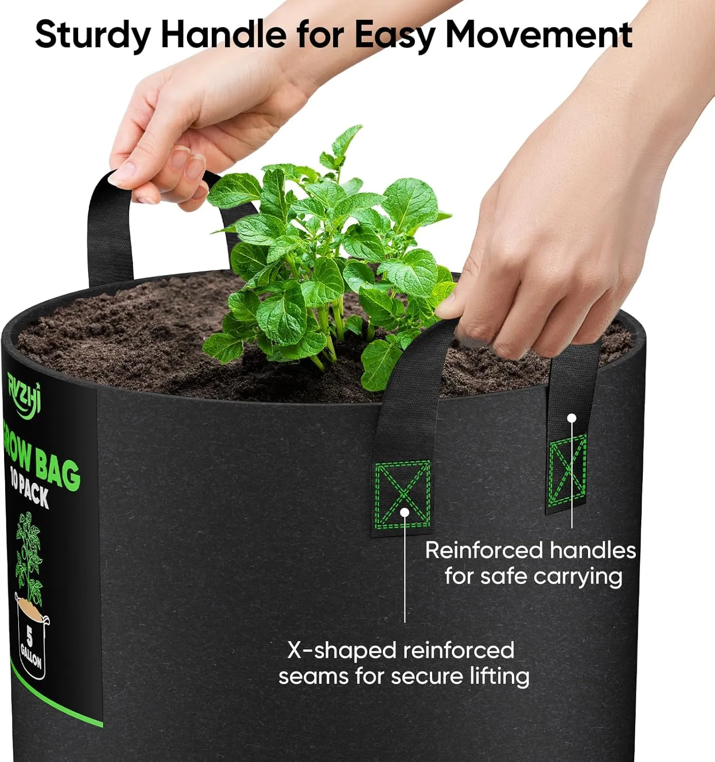 Grow Bags for Potato 5-Gallon: 10 Pack Black 350G Heavy Duty Thickened Fabric Pots with Handles & Labels - Nonwoven Gardening Containers for Growing Plants Vegetable Fruit Tomato Flowers Herbs