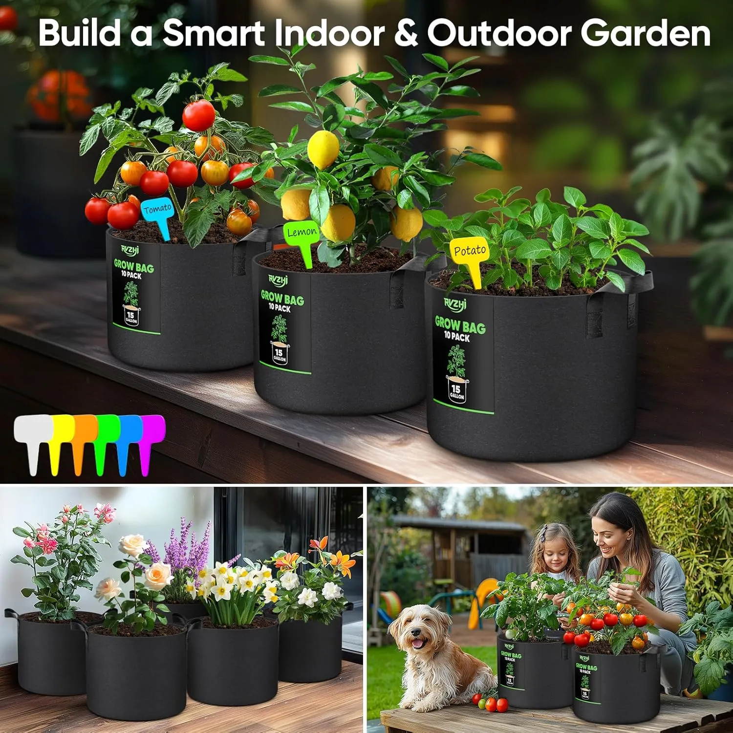 Grow Bags for Potato 5-Gallon: 10 Pack Black 350G Heavy Duty Thickened Fabric Pots with Handles & Labels - Nonwoven Gardening Containers for Growing Plants Vegetable Fruit Tomato Flowers Herbs