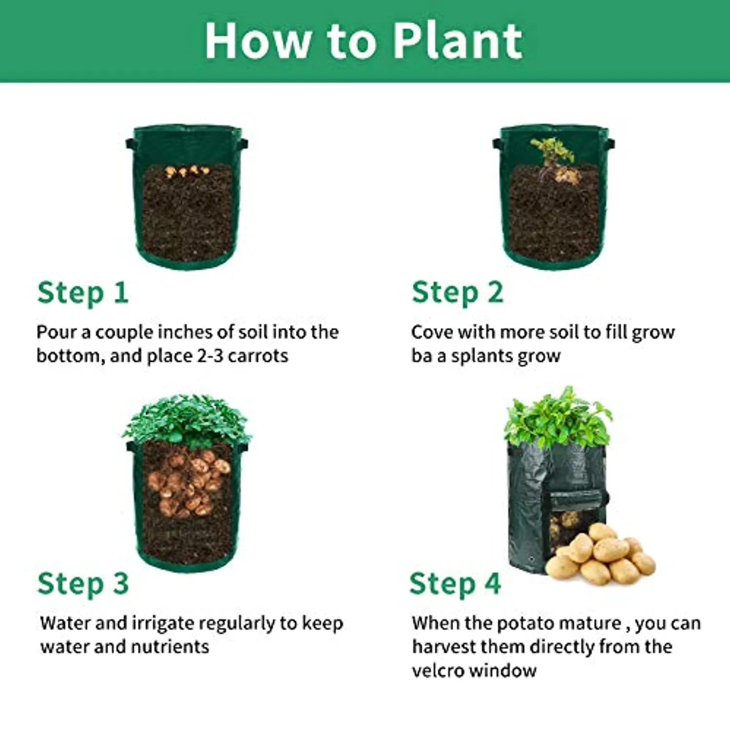 GrowGreen 7 Gallon Garden Growing Bags-6 Packs, Plant Grow Pots for Potato Strawberry Tomato Carrot & Other Vegetable, Heavy Duty Thickened Planting Container