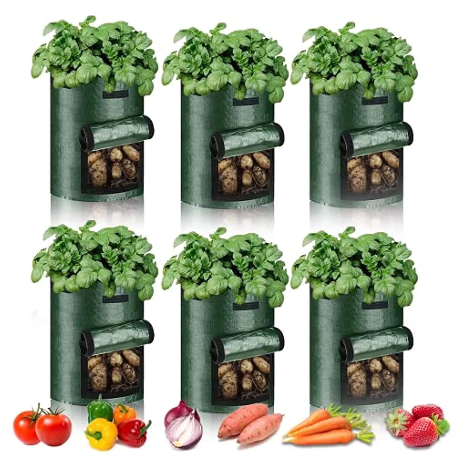 GrowGreen 7 Gallon Garden Growing Bags-6 Packs, Plant Grow Pots for Potato Strawberry Tomato Carrot & Other Vegetable, Heavy Duty Thickened Planting Container