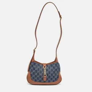 Gucci Blue/brown Gg Denim And Leather Small Jackie 1961 Hobo