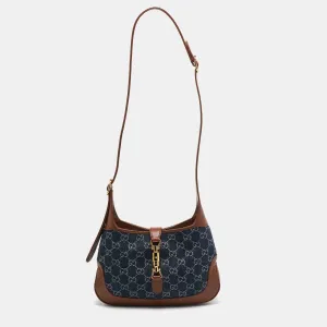 Gucci Blue/brown Gg Denim And Leather Small Jackie 1961 Hobo