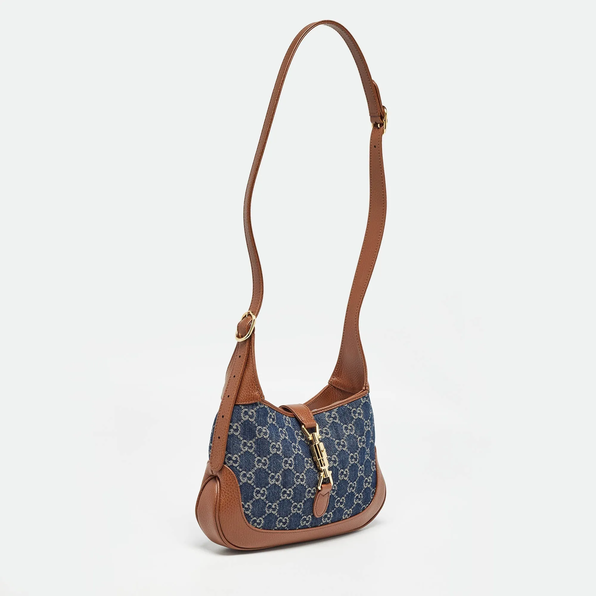 Gucci Blue/brown Gg Denim And Leather Small Jackie 1961 Hobo