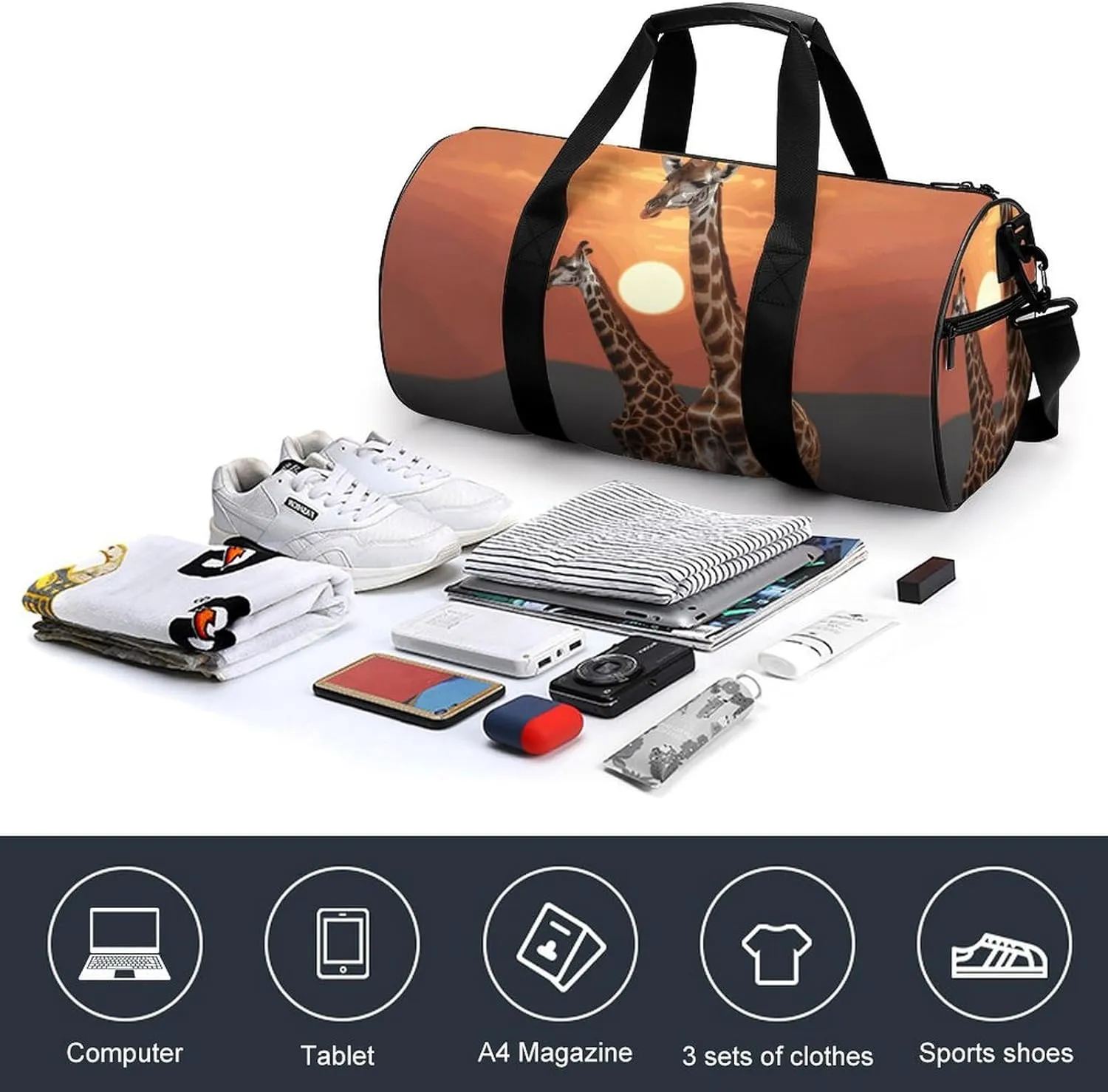 Gym Bag for Men Women Giraffe at Sunset Duffel Bag Overnight Bag with Compartment Gym Sackpac