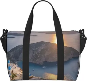 Gym Bag Greece Island Sunset Landscape Duffel Bag for Men Women Travel Overnight Bag with Shoe Compartment Workout Bags