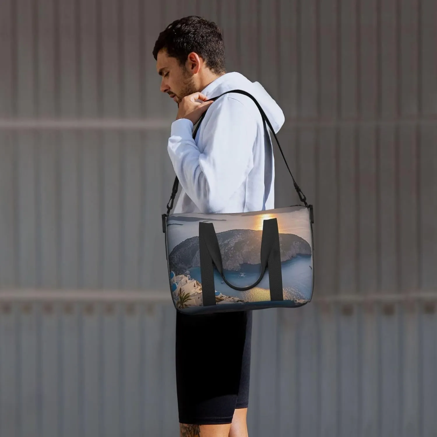 Gym Bag Greece Island Sunset Landscape Duffel Bag for Men Women Travel Overnight Bag with Shoe Compartment Workout Bags