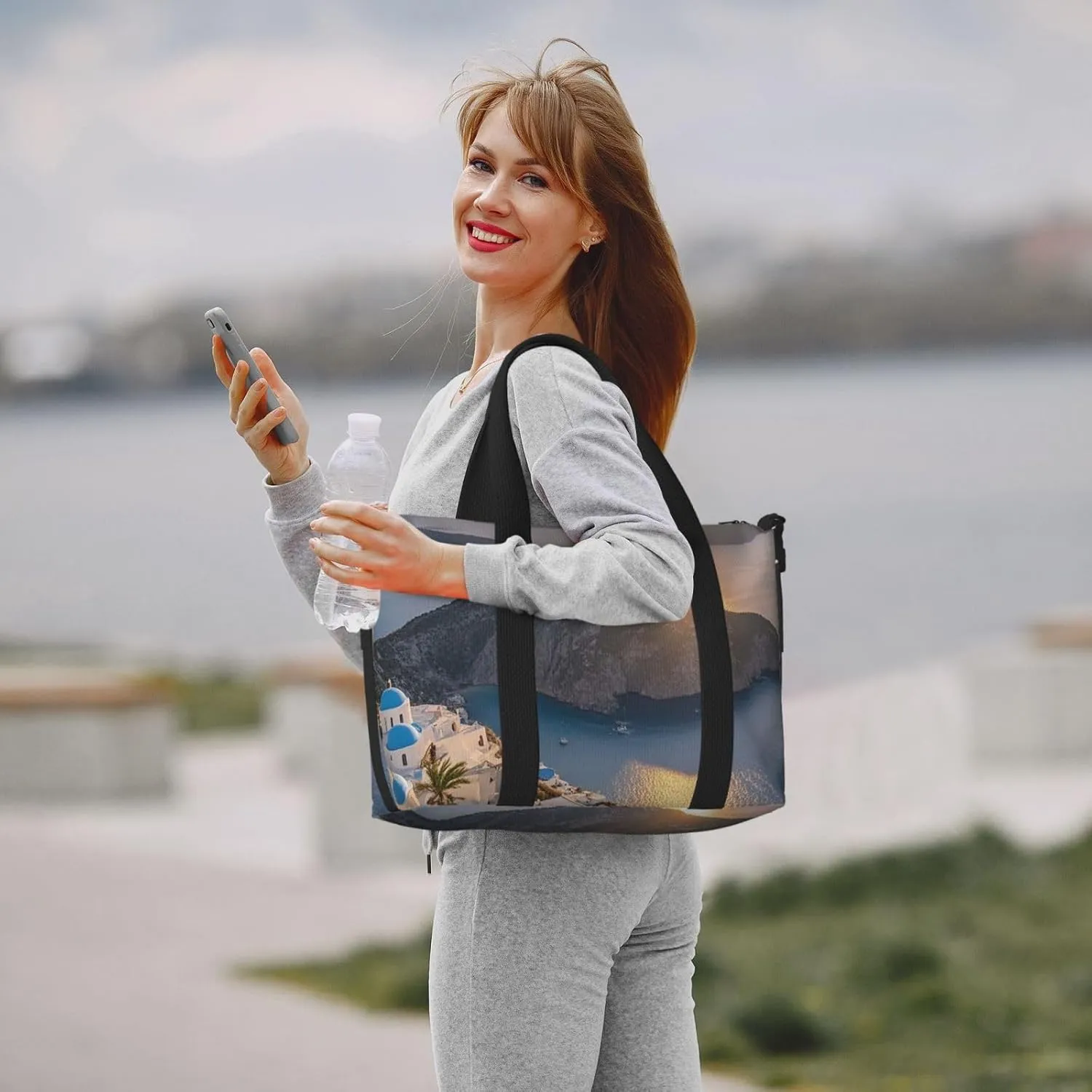 Gym Bag Greece Island Sunset Landscape Duffel Bag for Men Women Travel Overnight Bag with Shoe Compartment Workout Bags
