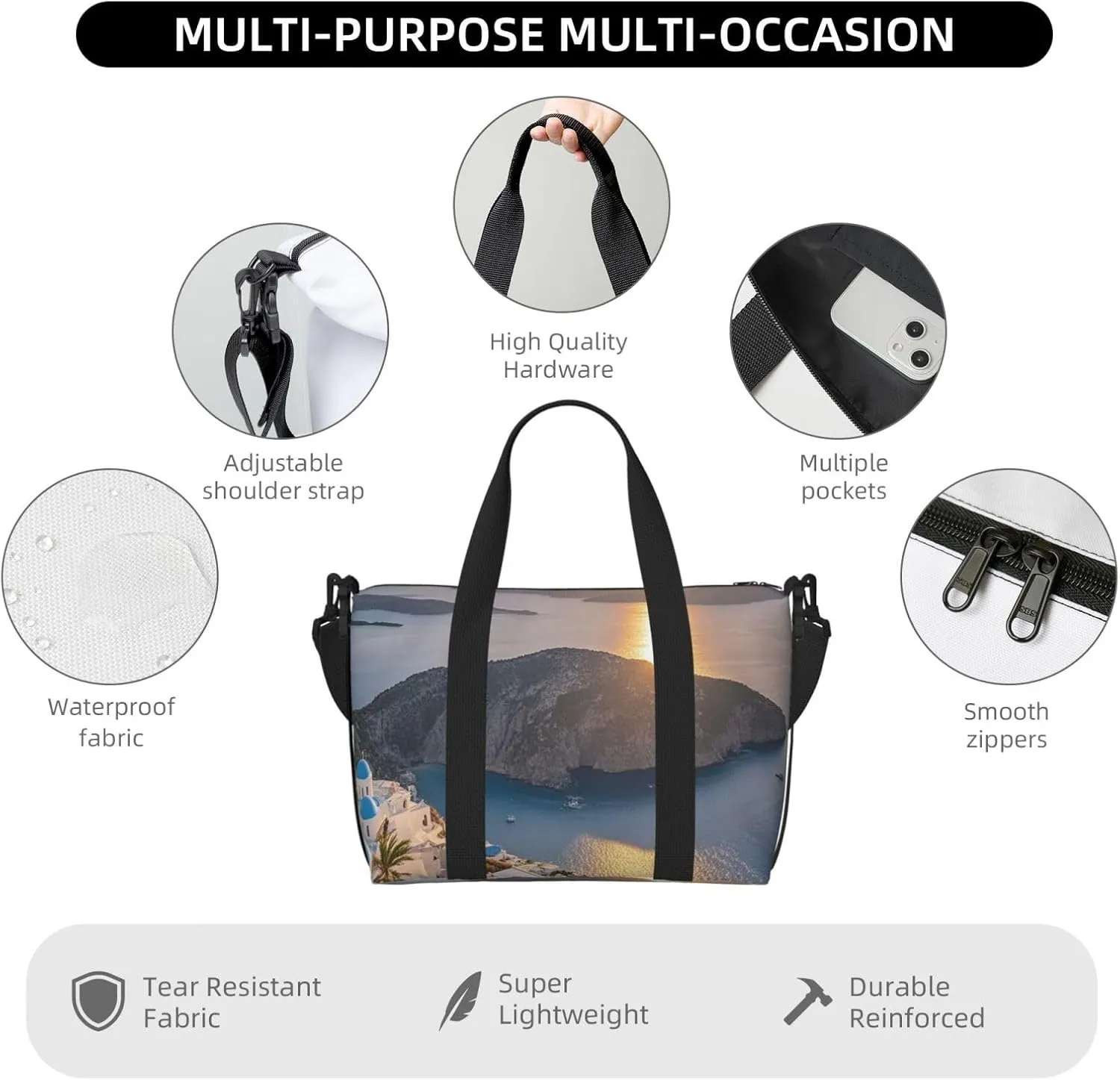 Gym Bag Greece Island Sunset Landscape Duffel Bag for Men Women Travel Overnight Bag with Shoe Compartment Workout Bags