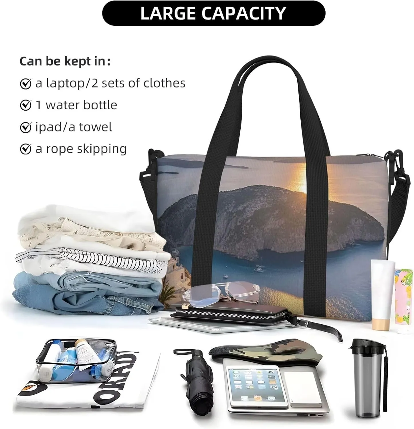 Gym Bag Greece Island Sunset Landscape Duffel Bag for Men Women Travel Overnight Bag with Shoe Compartment Workout Bags