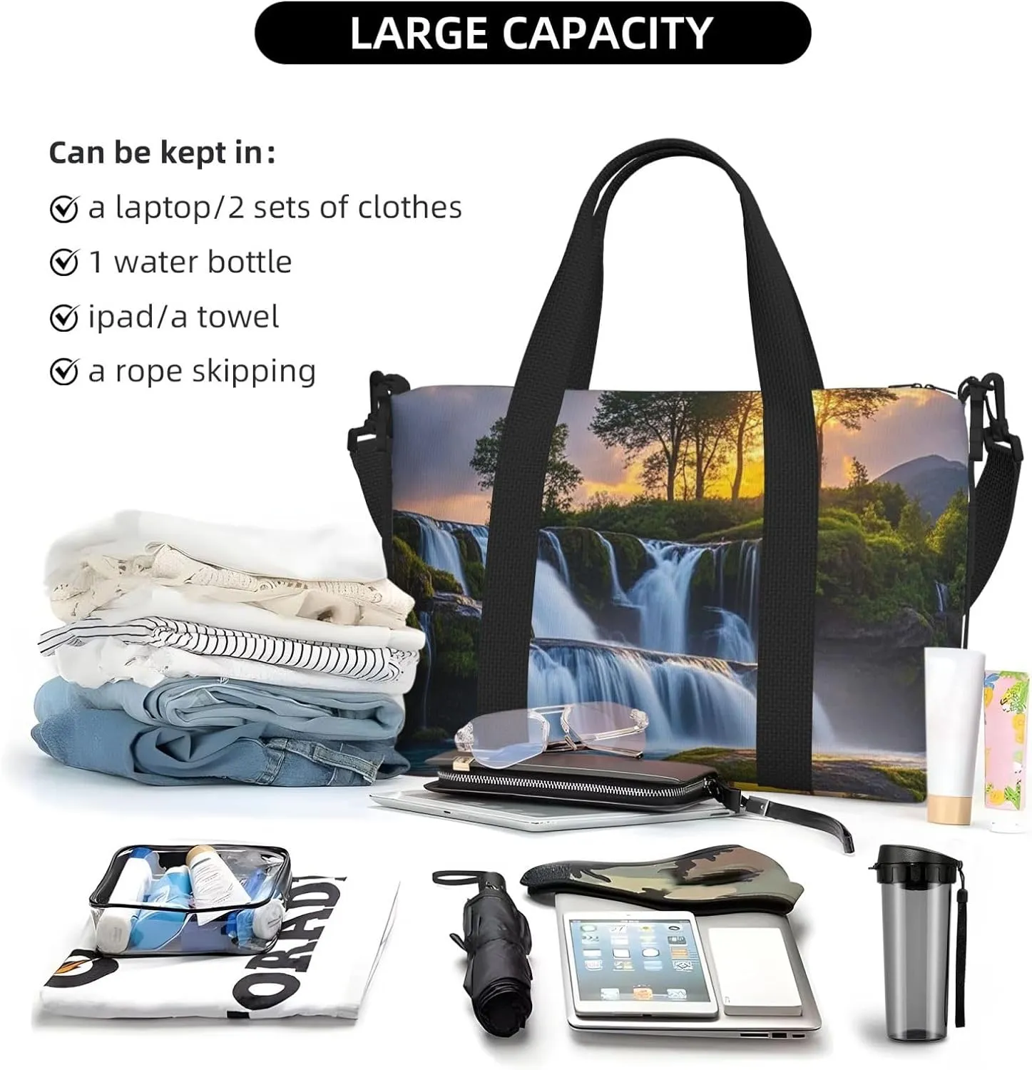 Gym Bag Waterfall at Sunset Duffel Bag for Men Women Travel Overnight Bag with Shoe Compartment Workout Bags
