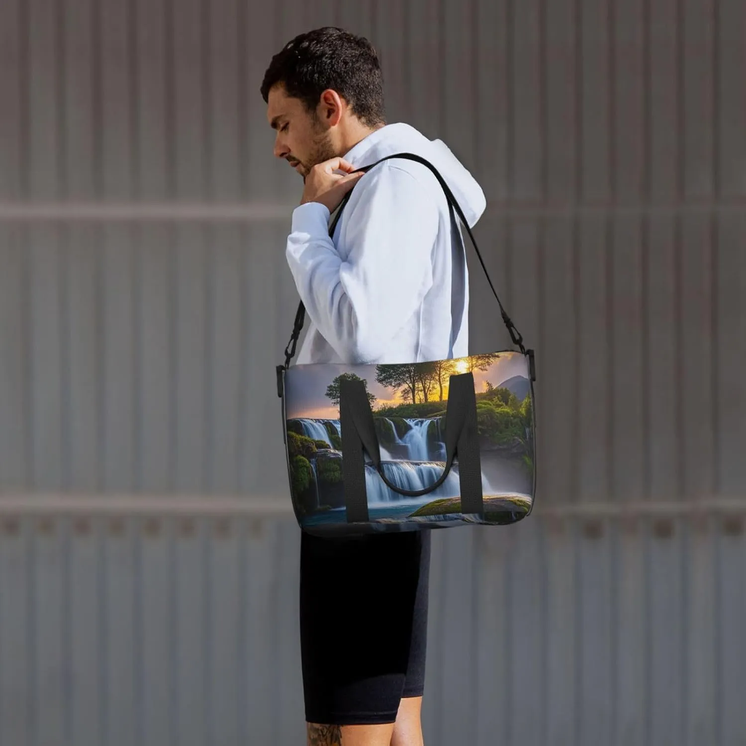 Gym Bag Waterfall at Sunset Duffel Bag for Men Women Travel Overnight Bag with Shoe Compartment Workout Bags