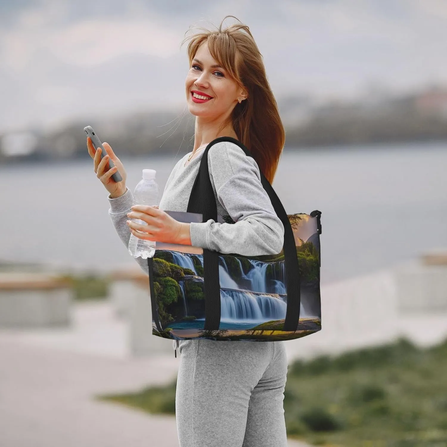 Gym Bag Waterfall at Sunset Duffel Bag for Men Women Travel Overnight Bag with Shoe Compartment Workout Bags