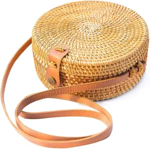 Handwoven Round Rattan Bag Purse for Women, Tote Basket Circle Boho Bag Bali
