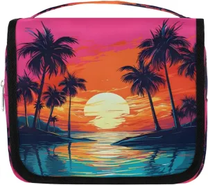 Hanging Travel Toiletry Bag Coconut Tree Sunset Toiletry Bags with Hanging Hook Portable Cosmetic Bag Makeup Organizer for Travel Business Trip