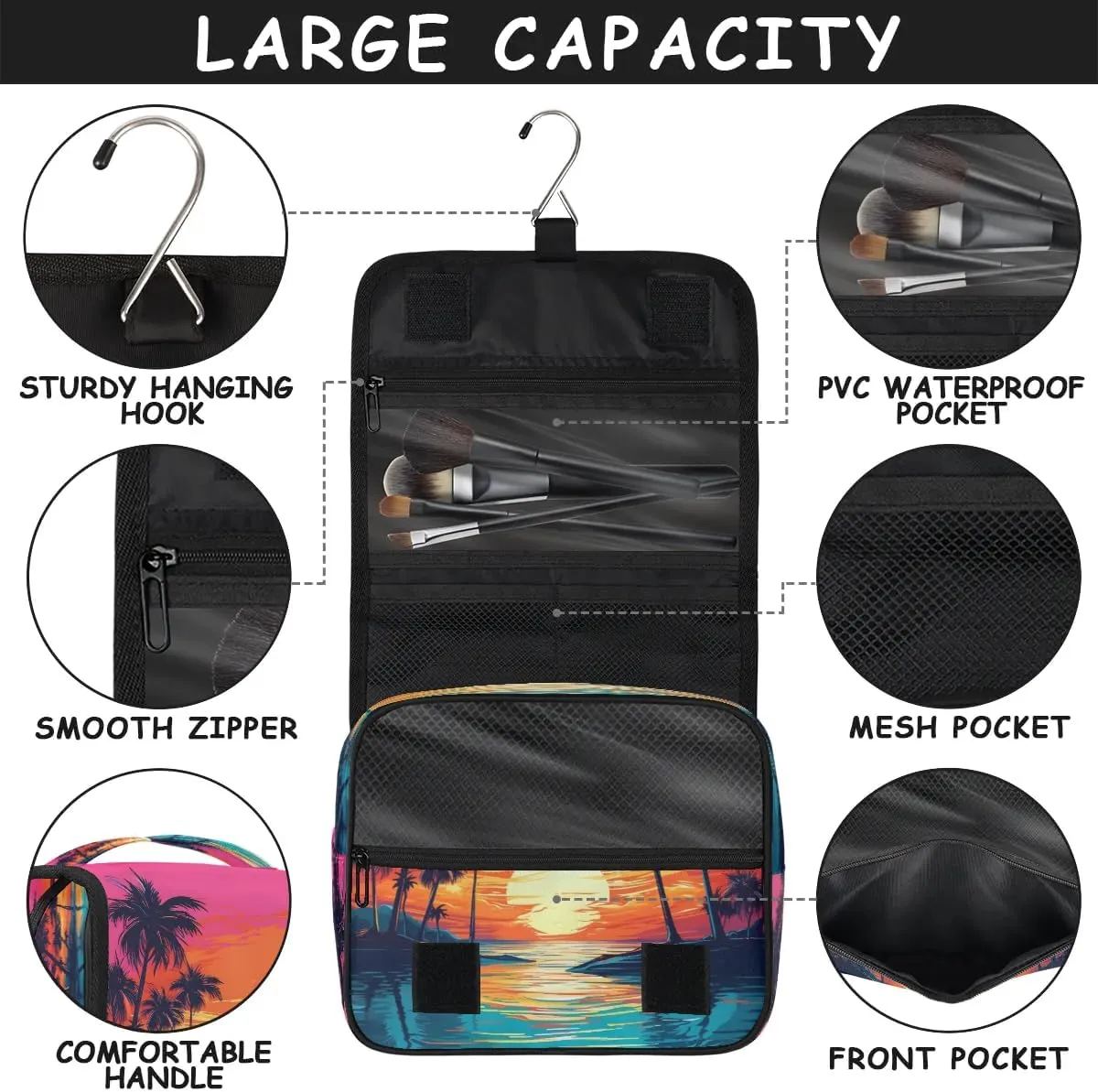 Hanging Travel Toiletry Bag Coconut Tree Sunset Toiletry Bags with Hanging Hook Portable Cosmetic Bag Makeup Organizer for Travel Business Trip