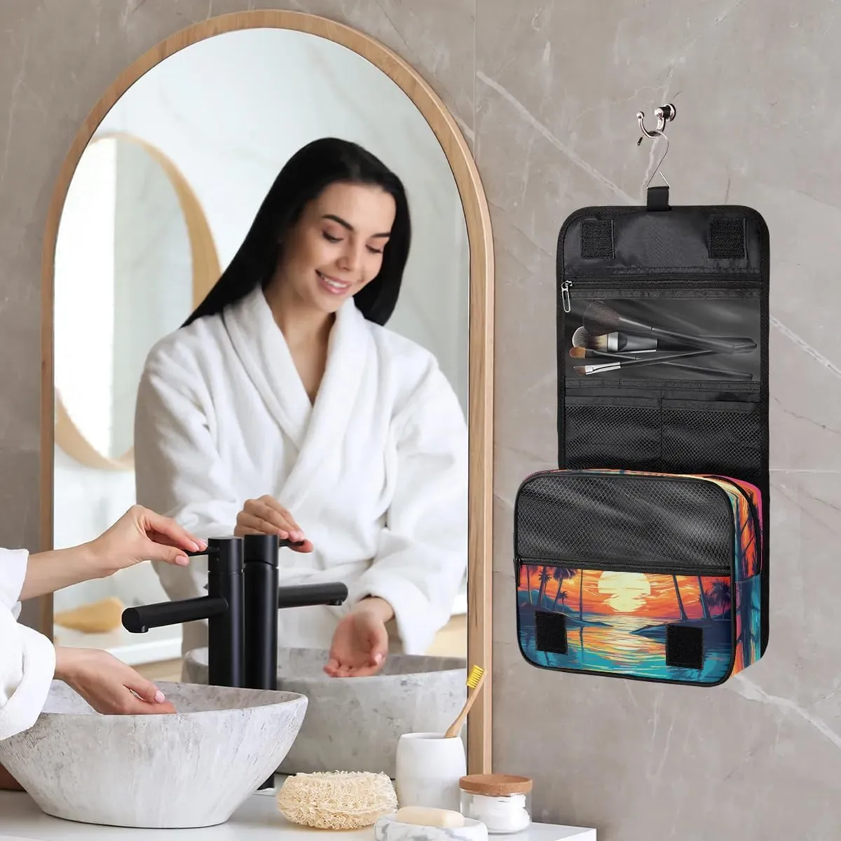 Hanging Travel Toiletry Bag Coconut Tree Sunset Toiletry Bags with Hanging Hook Portable Cosmetic Bag Makeup Organizer for Travel Business Trip