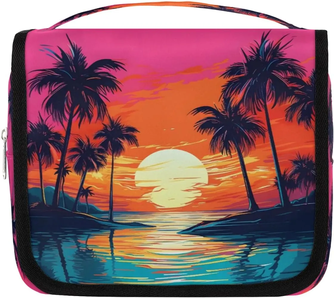 Hanging Travel Toiletry Bag Coconut Tree Sunset Toiletry Bags with Hanging Hook Portable Cosmetic Bag Makeup Organizer for Travel Business Trip