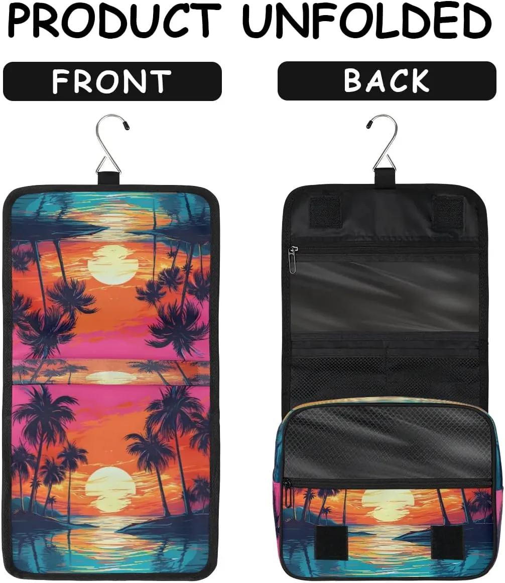 Hanging Travel Toiletry Bag Coconut Tree Sunset Toiletry Bags with Hanging Hook Portable Cosmetic Bag Makeup Organizer for Travel Business Trip